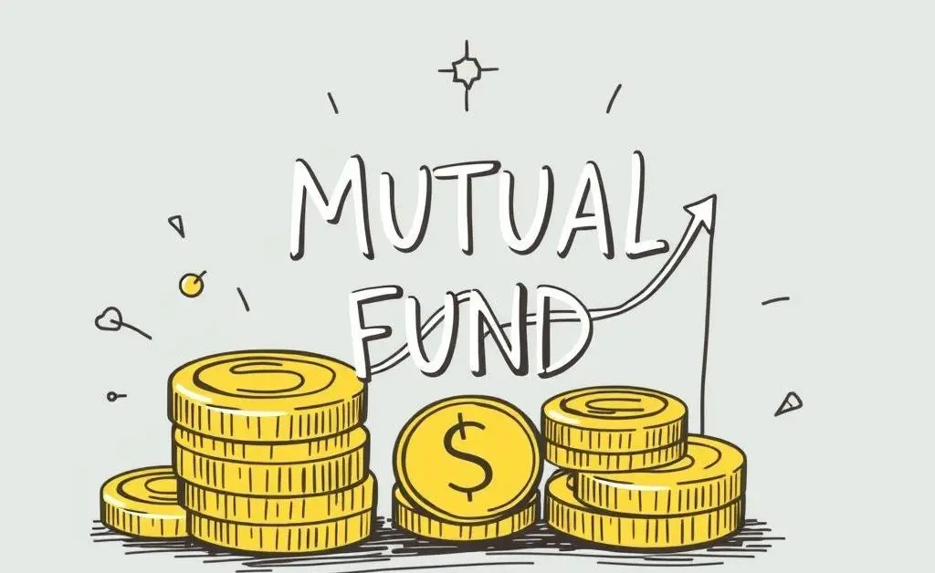 Hand-drawn style image of a mutual fund investment concept with coins and a graph