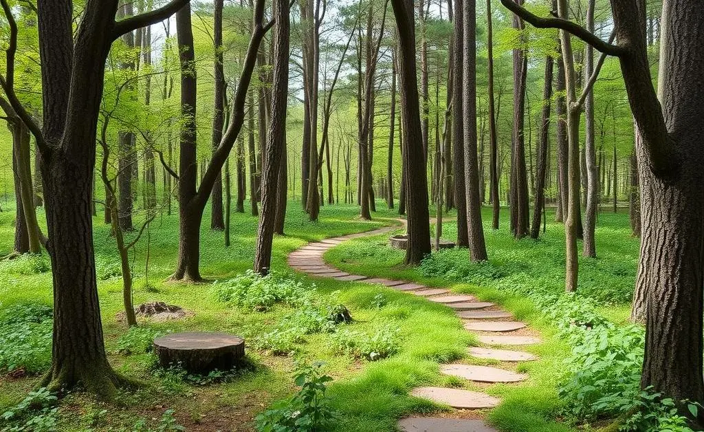 A whimsical pathway through a forest, inviting discovery.
