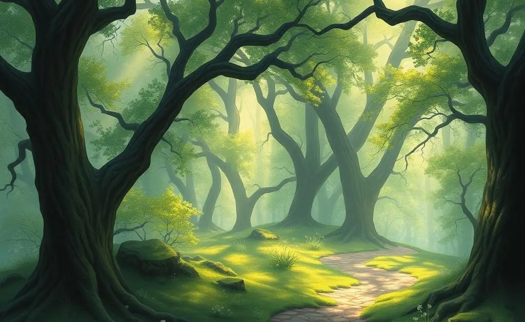A path through a mystical forest symbolizing a calm investment journey.