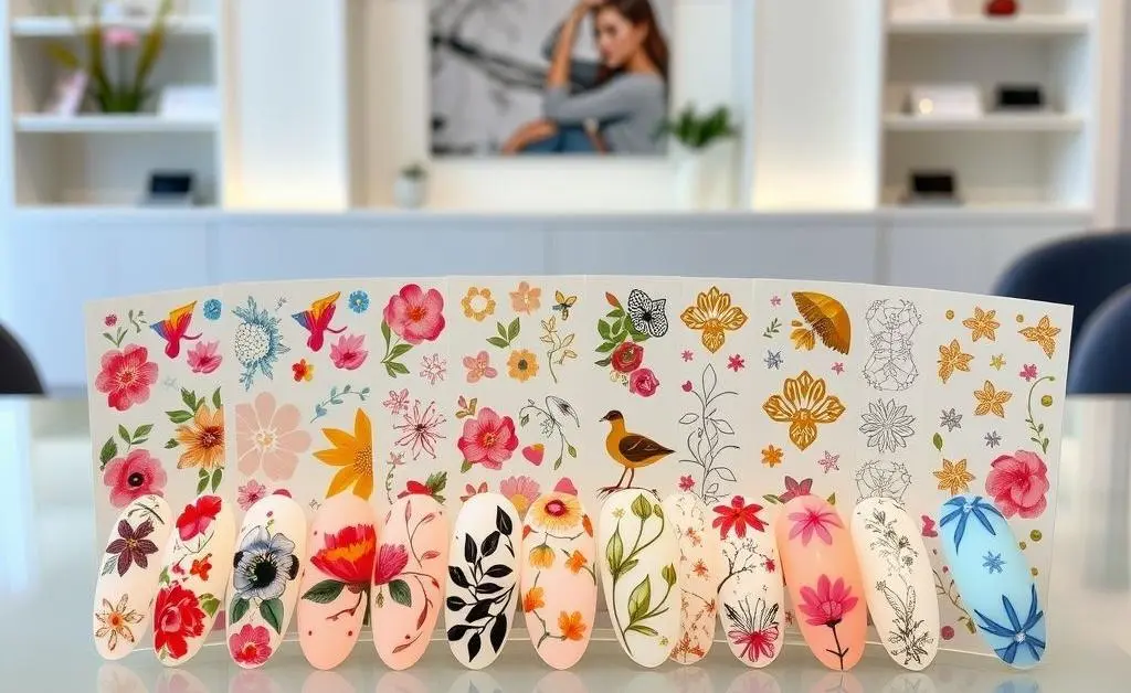 A variety of gel nail sticker designs displayed on a table