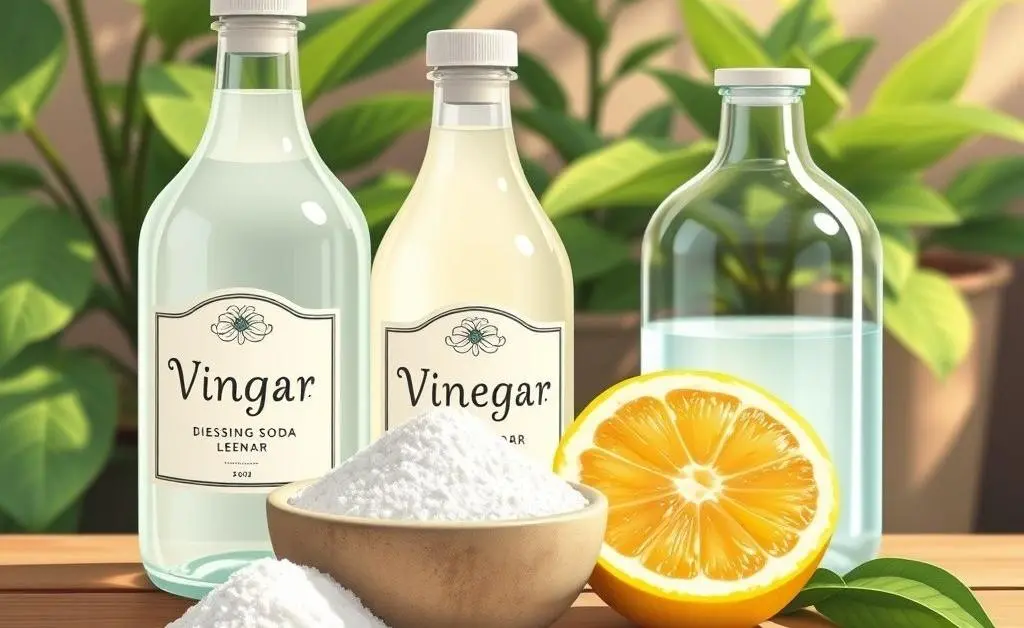 Illustration of natural cleaning ingredients like vinegar, baking soda, and lemon.