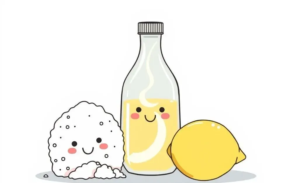 A minimalistic drawing of natural drain cleaning ingredients like baking soda, vinegar, and lemon, with friendly faces.