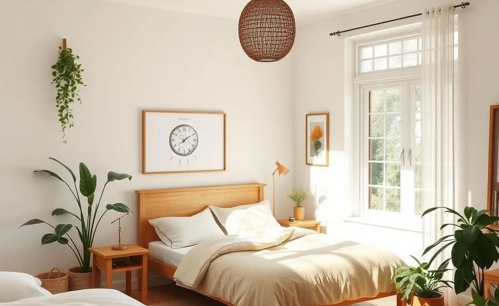 A sunlit bedroom with natural materials and plants