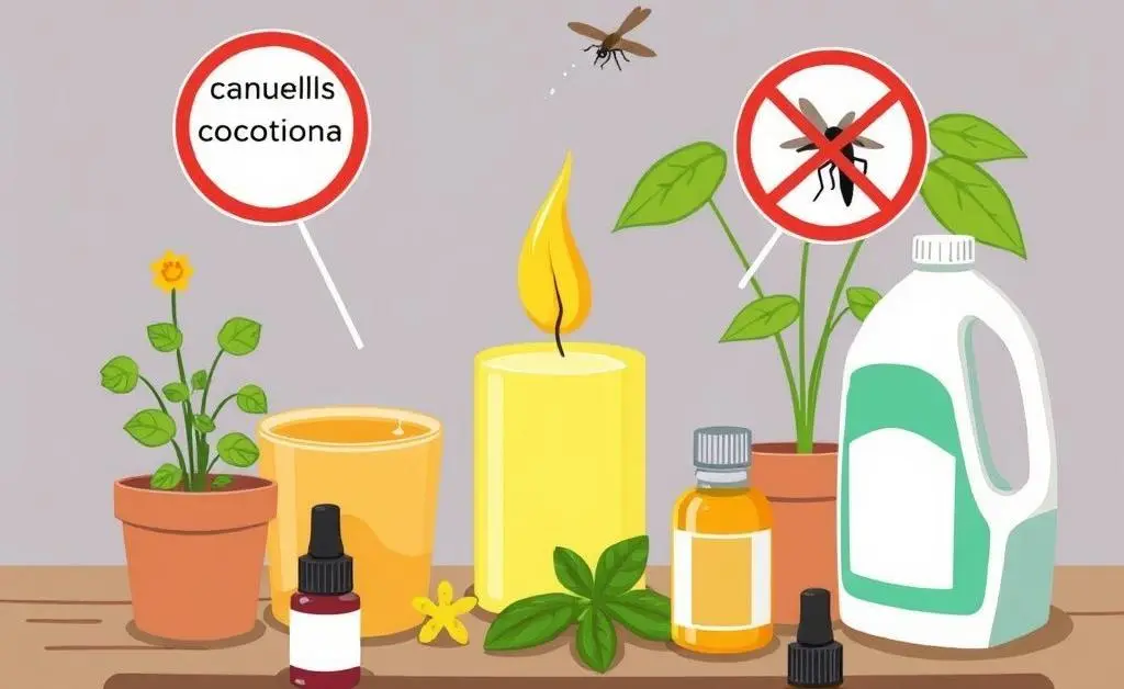 A cartoonish depiction of natural mosquito repellents like citronella candles, plants, and essential oils on a table.