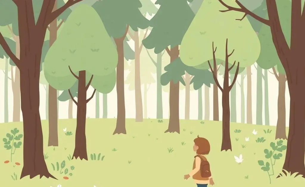 A minimalist cartoon-style illustration of someone taking a walk in a forest, with trees and birds around.