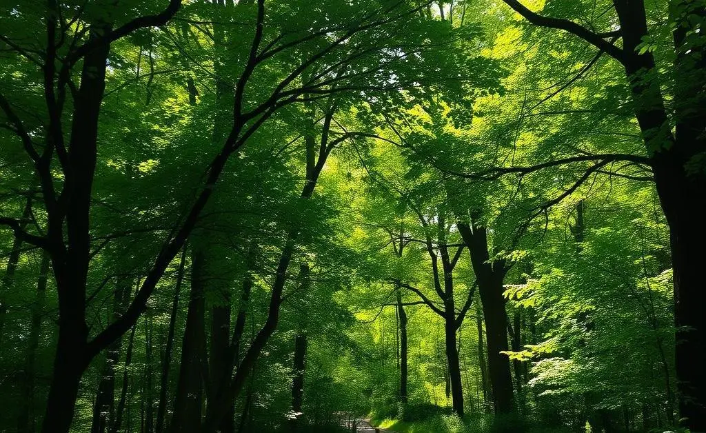 A peaceful path through a lush green forest with dappled sunlight.