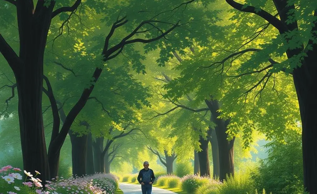 Illustration of a person walking leisurely through a serene park