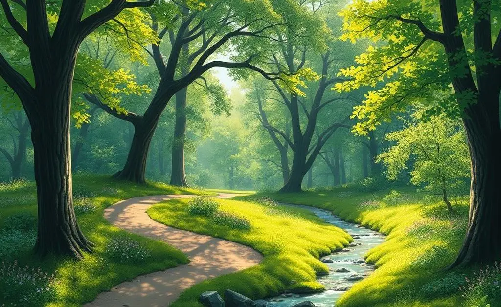 Artwork depicting a relaxing nature walk in a lush green setting.