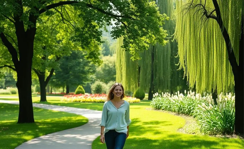 Happy person walking on a quiet path through a lush green park.