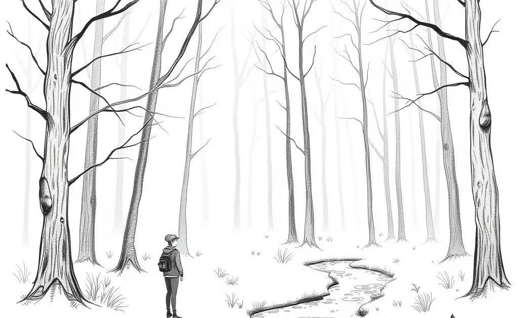 Someone walking along a forest path with birds and gentle streams.