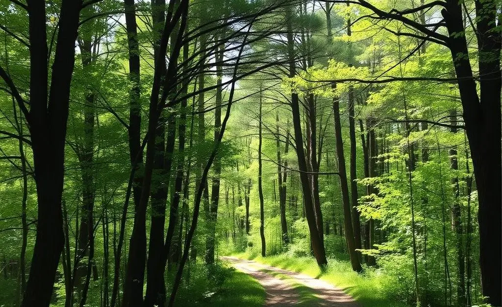 A peaceful path in a forest, with filtered sunlight and gentle breezes