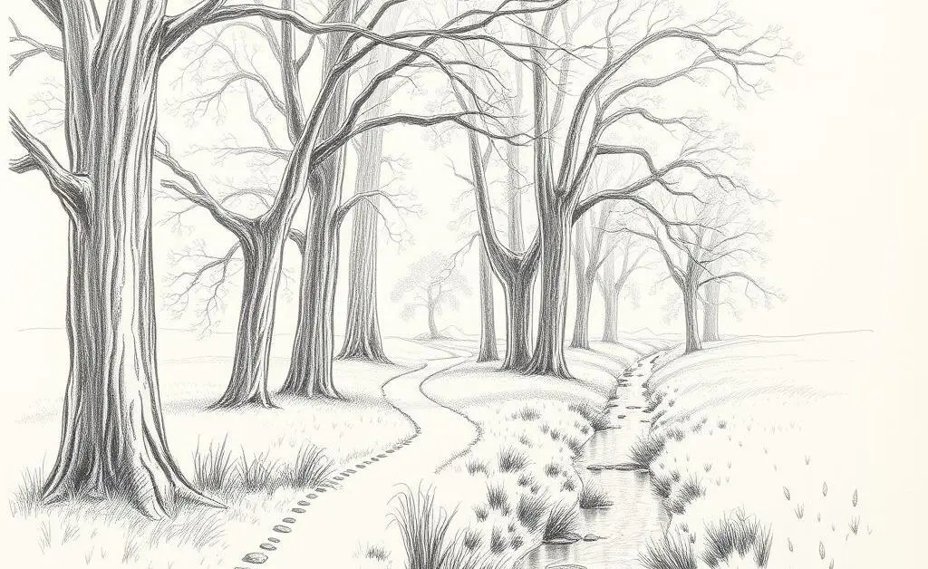 A hand-drawn scenic view of a calm nature path with trees and a small stream.