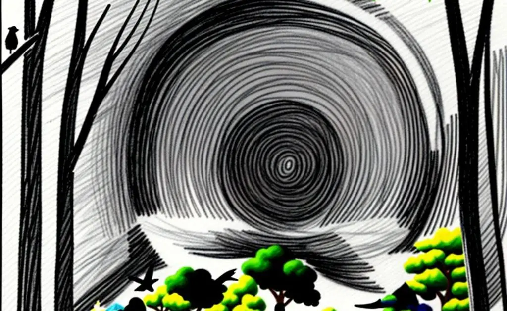 A minimalist drawing of a person walking along a nature trail with trees and birds.