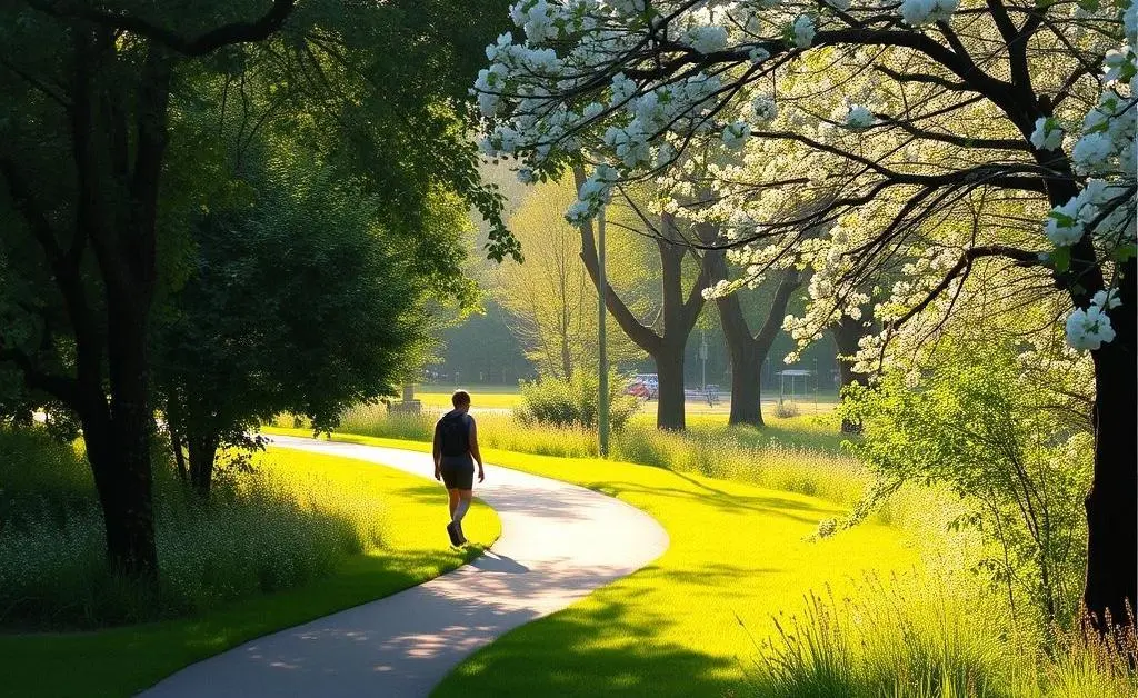 A scenic path in a park with lush greenery and a person taking a leisurely walk.