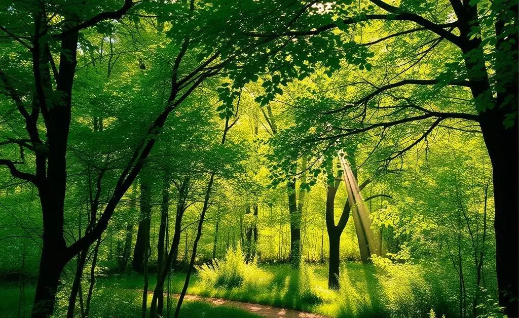 A winding path through a peaceful forest, rays of sunshine filtering through the leaves.