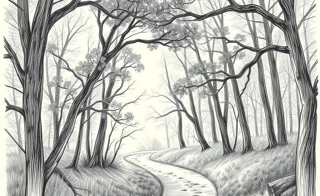 A winding forest path with sunlight