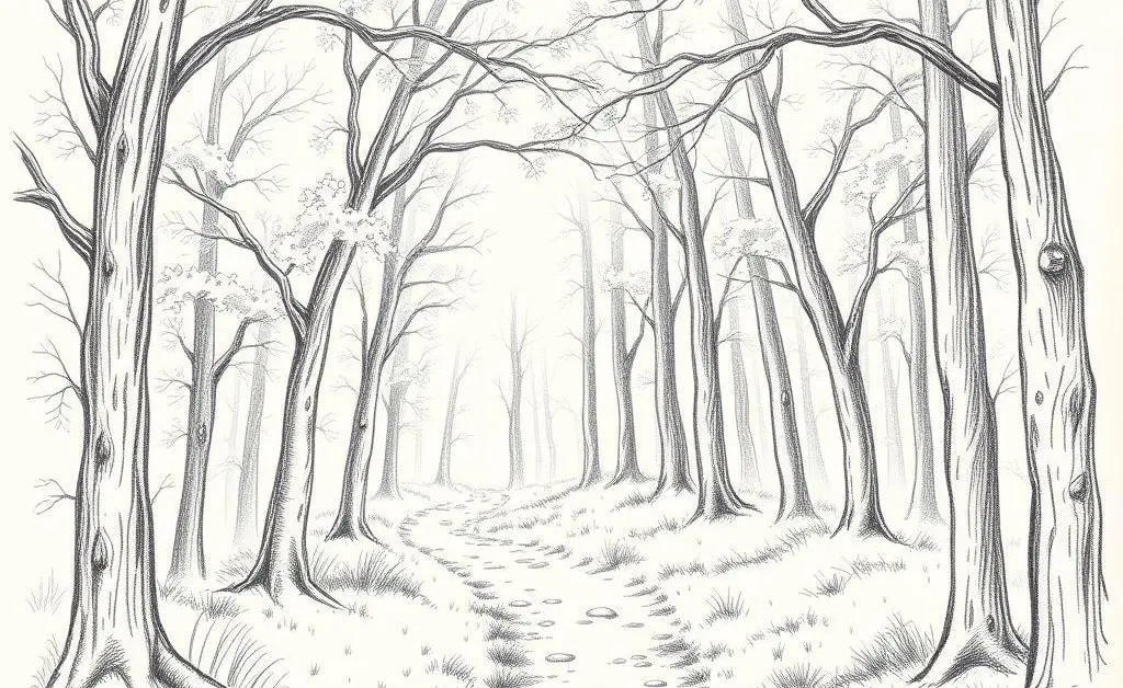 A hand-drawn style image of a path through a peaceful forest.