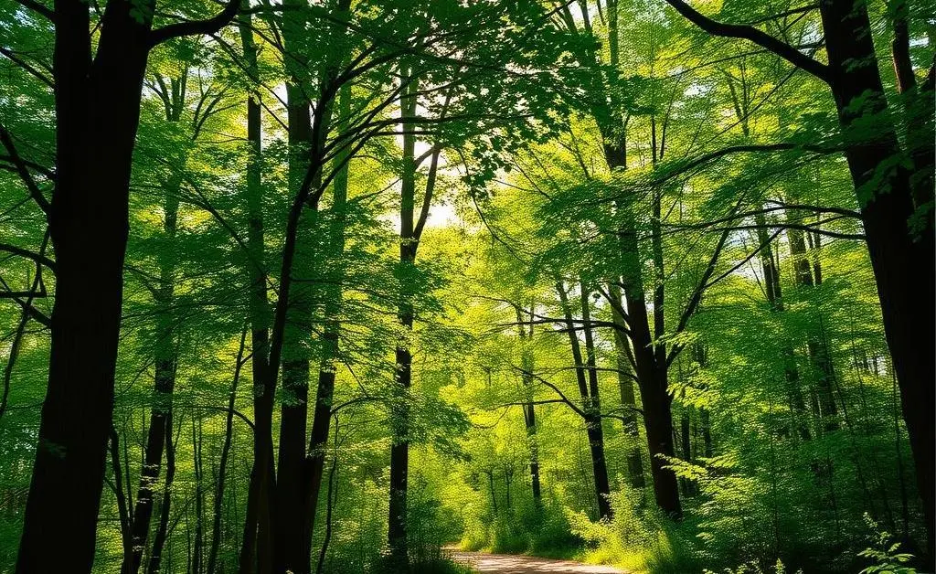 A scenic path in the woods during a sunny day