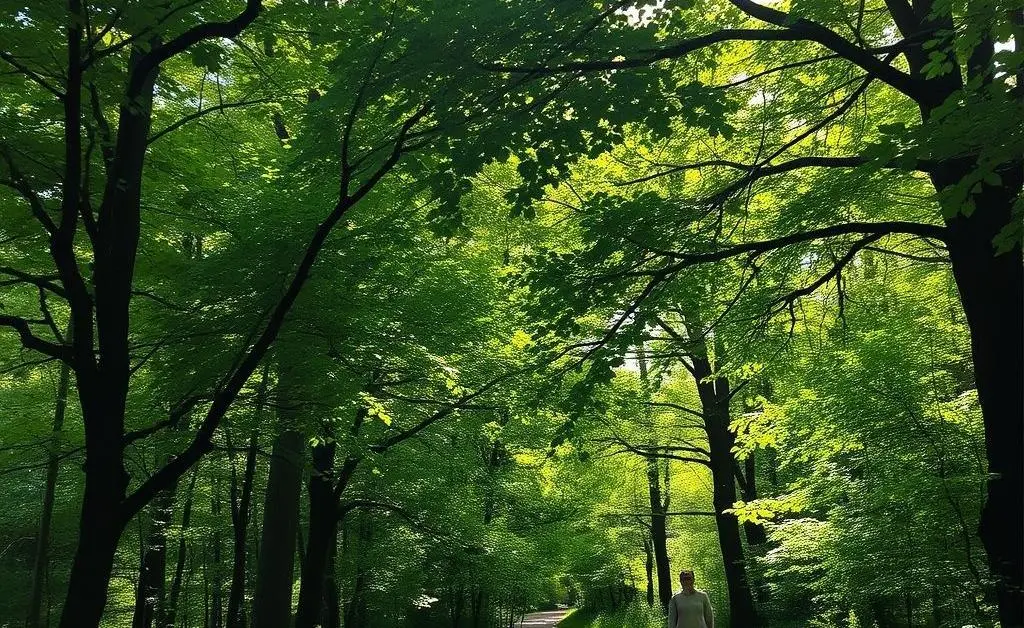 A calm path in a forest with a person walking