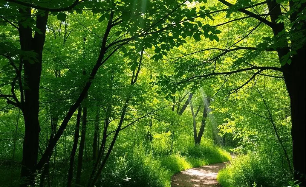 A serene nature trail with dappled sunlight peeking through the trees.