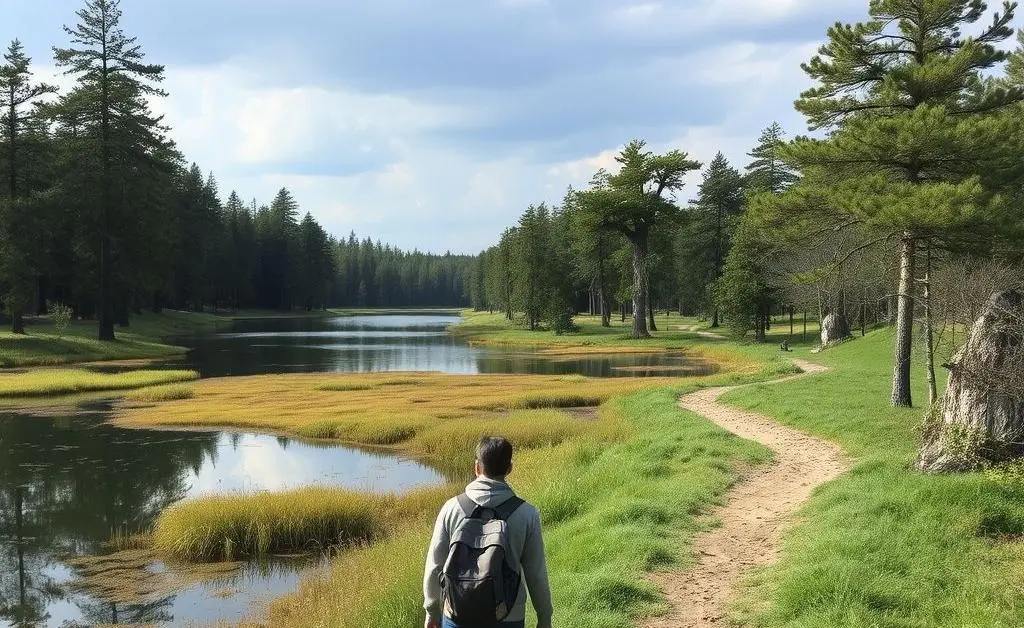 A peaceful nature walk with a reflective traveler view around lakes and trees.