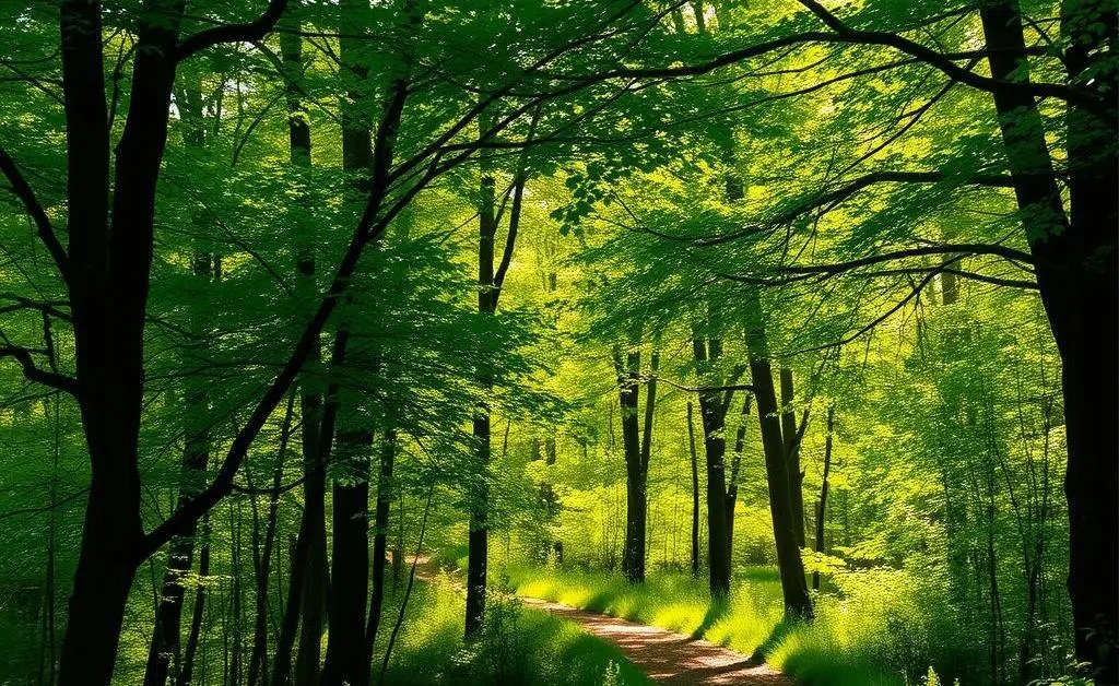 A peaceful nature path with green trees and sunlight filtering through
