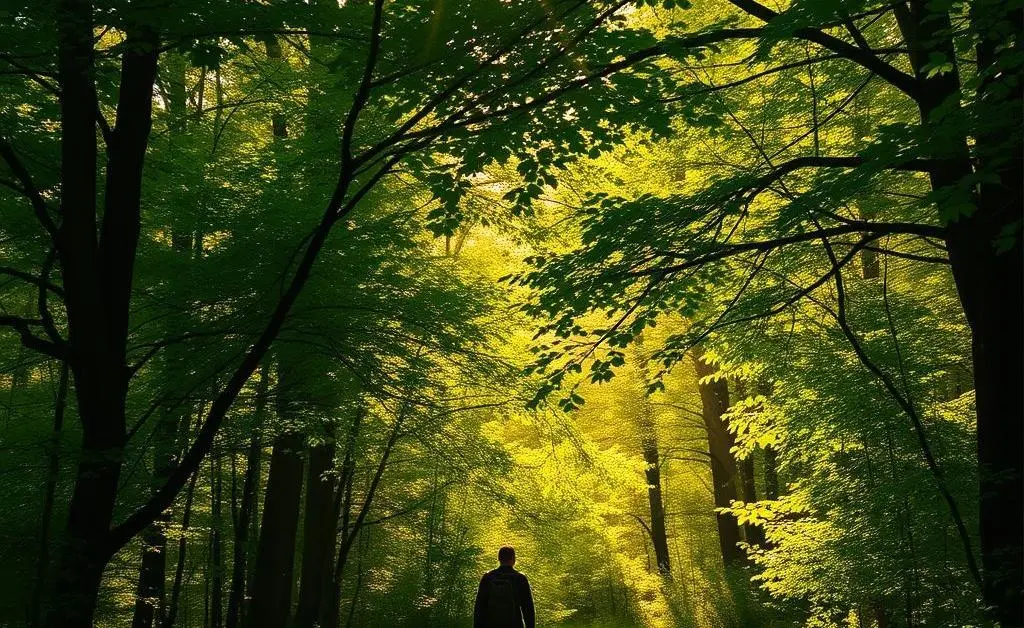 A person walking through a sunlit forest path, enjoying nature.