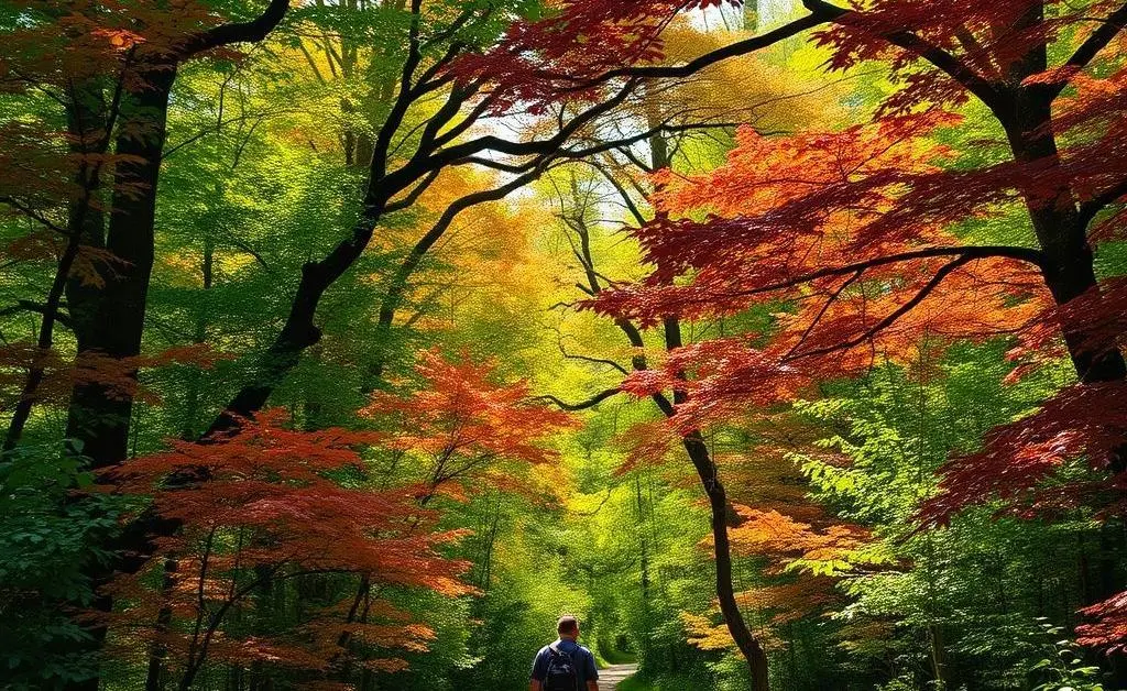 A person walking on a forest path surrounded by trees and sunlight