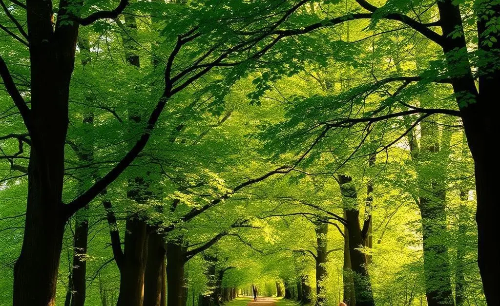 A tranquil walking path lined with trees, inviting a serene and mindful stroll.