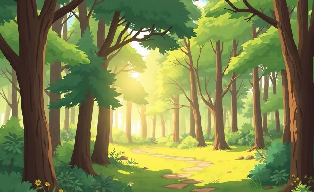 A cartoon-style illustration of a peaceful nature walk through a sunlit forest.