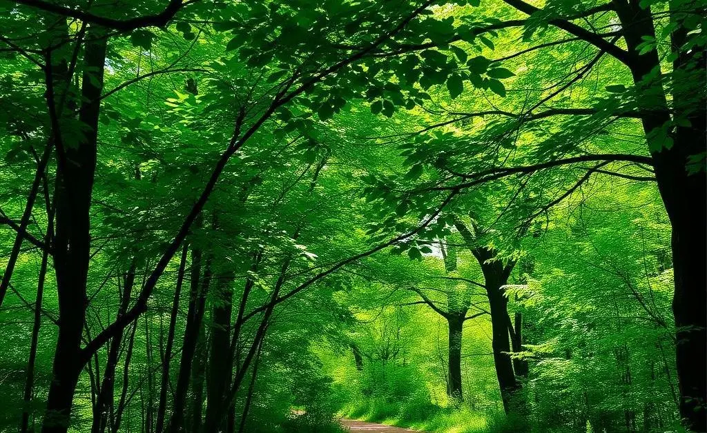 A serene nature trail path surrounded by green trees and calm atmosphere.
