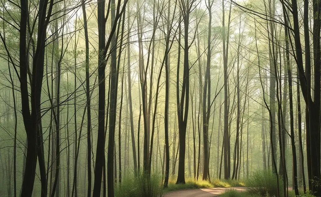 A minimalist, tranquil landscape depicting a nature walk path surrounded by trees