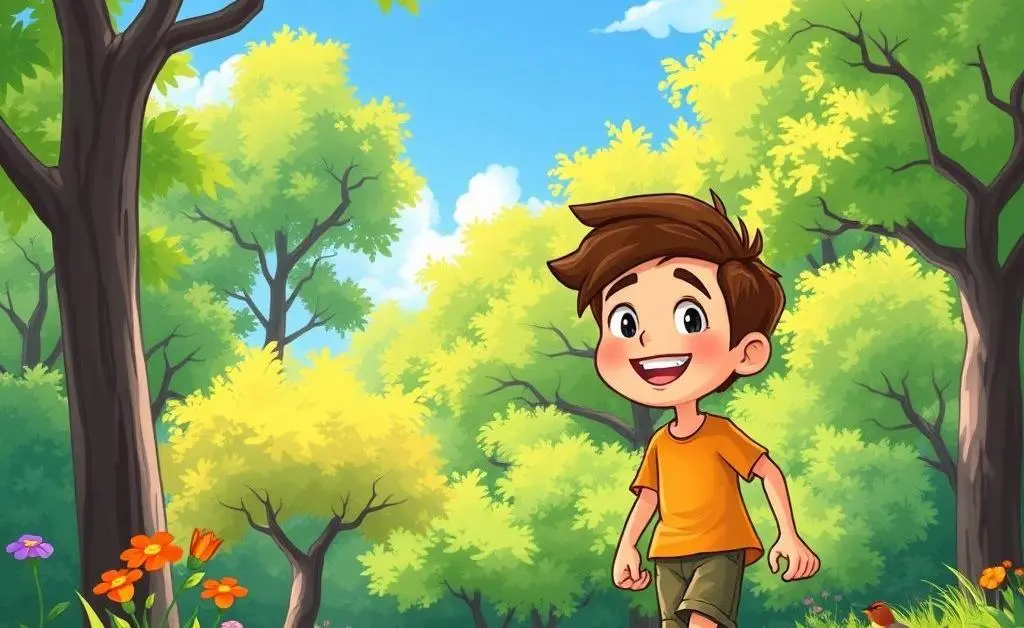 A cartoon-style image of a person joyfully walking in nature.
