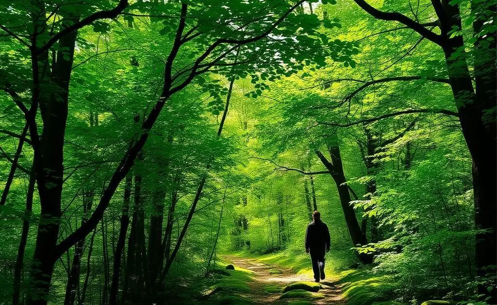 Person walking through a green, peaceful forest path