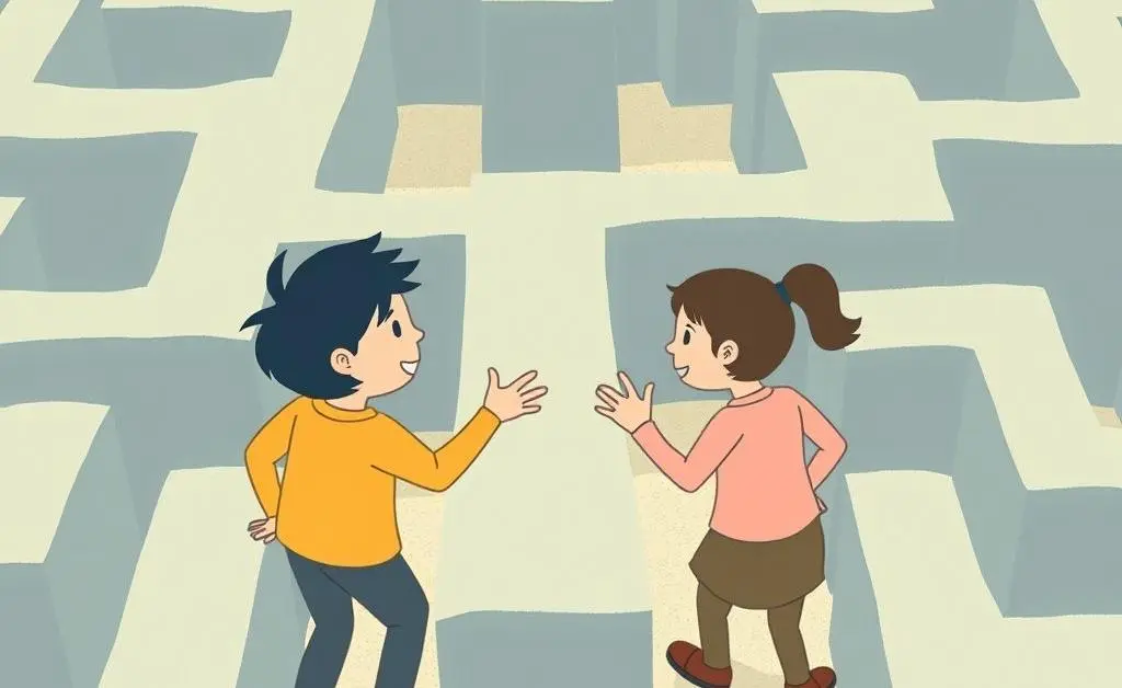 An illustration showing two characters navigating a maze, symbolizing communication challenges.