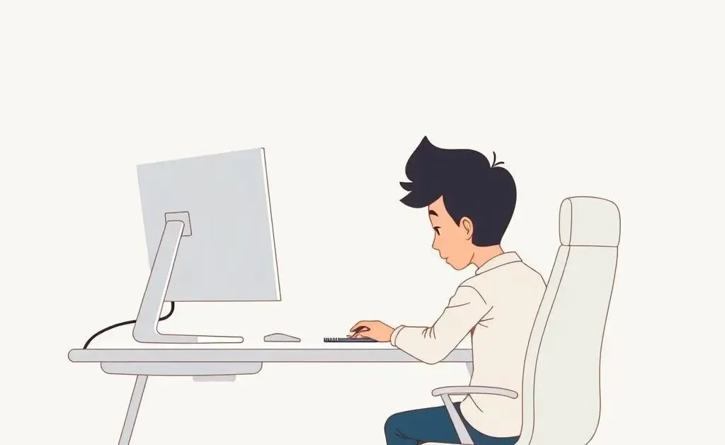 A minimalist cartoon of a person at a desk, looking at a computer and a house model.