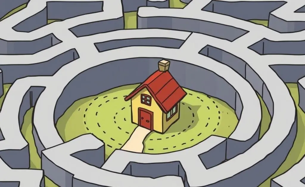 A cartoon maze with a small house in the center, representing obstacles in real estate transactions.