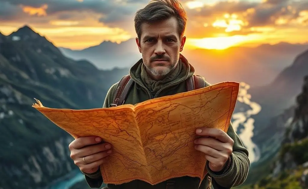 An adventurer with a map and compass, symbolizing navigating through investment risks.