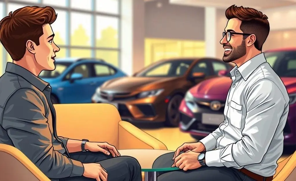 An illustration of a relaxed conversation between a buyer and a car dealer