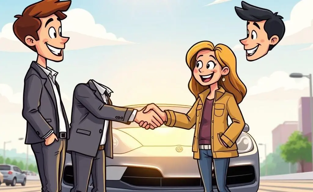Cartoon-style illustration of two people shaking hands over a car purchase deal