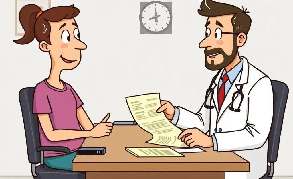 A cartoon scene of a patient and doctor discussing a medical bill at a desk.