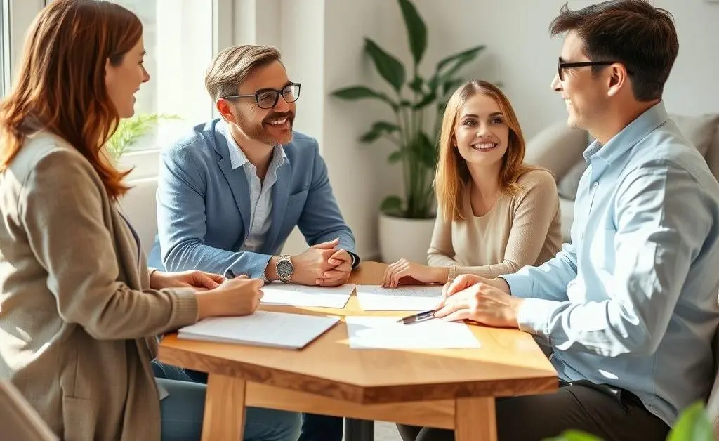 A friendly conversation between a banker and a homeowner over a small table with mortgage documents.