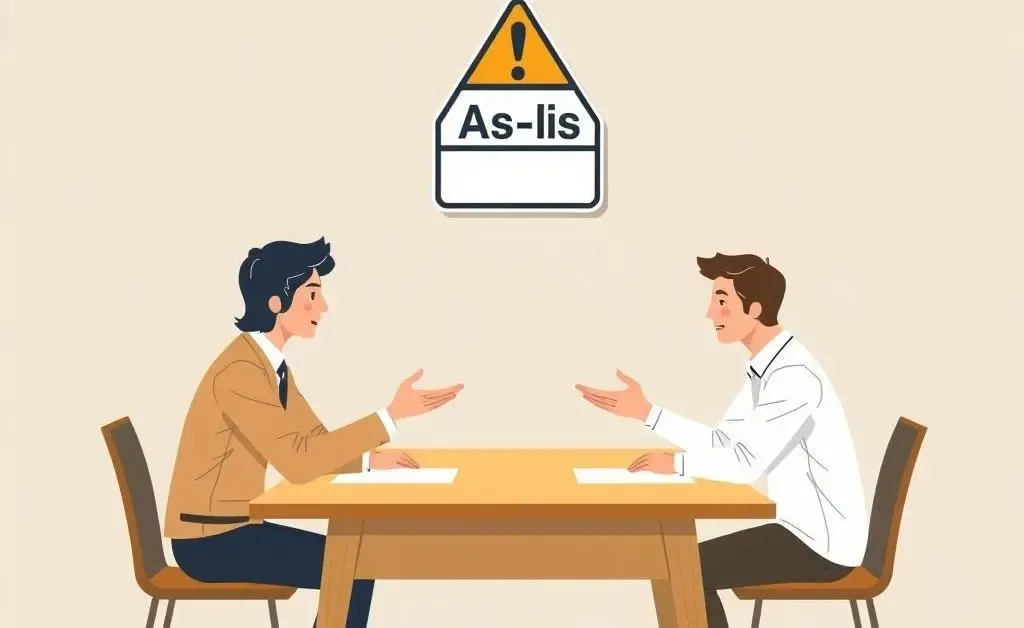 A seller and buyer negotiating across a table with an 'As-Is' warning sign