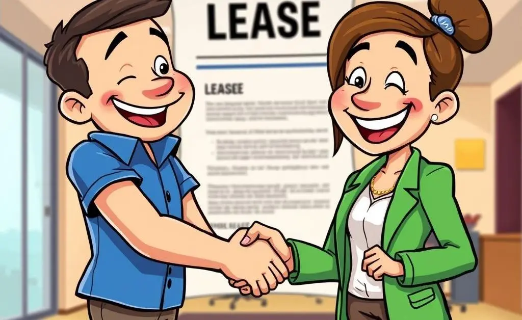 Characters shaking hands with a lease in the background