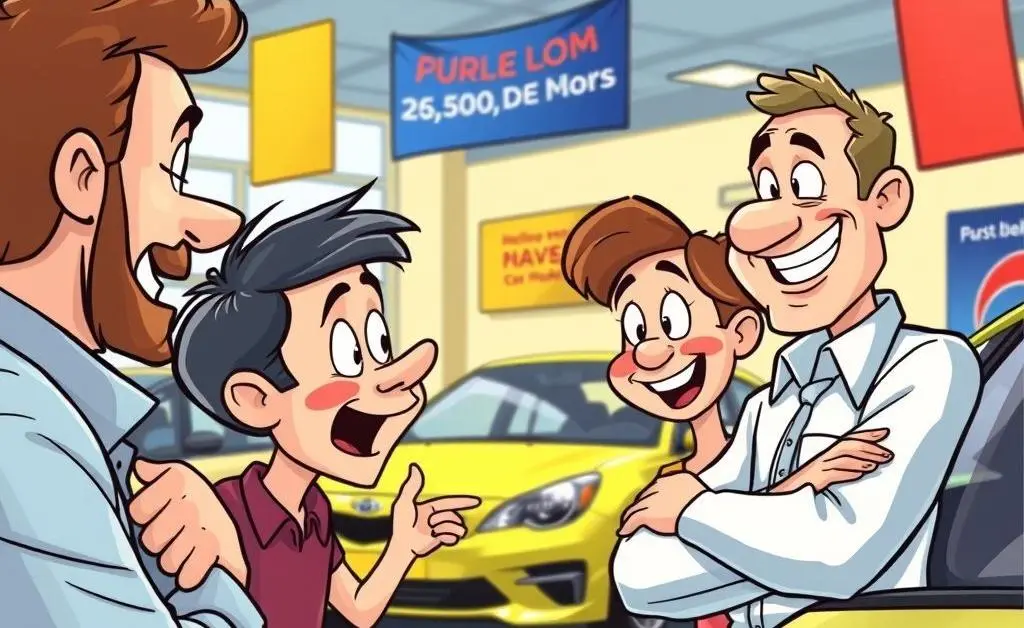 Cartoon-style image of a customer negotiating with a car dealer