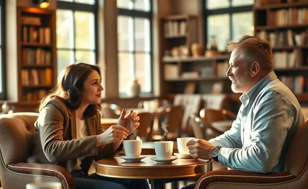 Two people having a friendly negotiation conversation over coffee in a cozy setting.