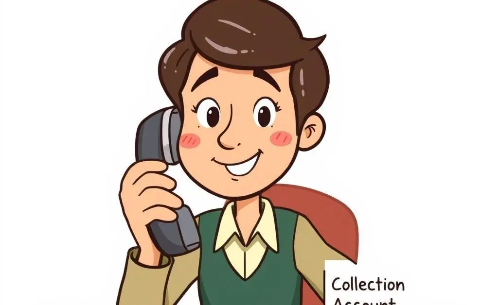 A cartoon depiction of a person on the phone, looking confident, with papers labeled 'Collection Account' next to them.