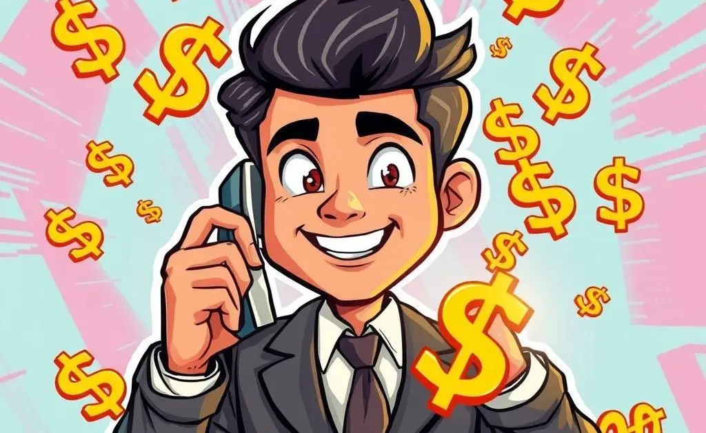 A cartoon of a person confidently on a phone call surrounded by dollar signs.