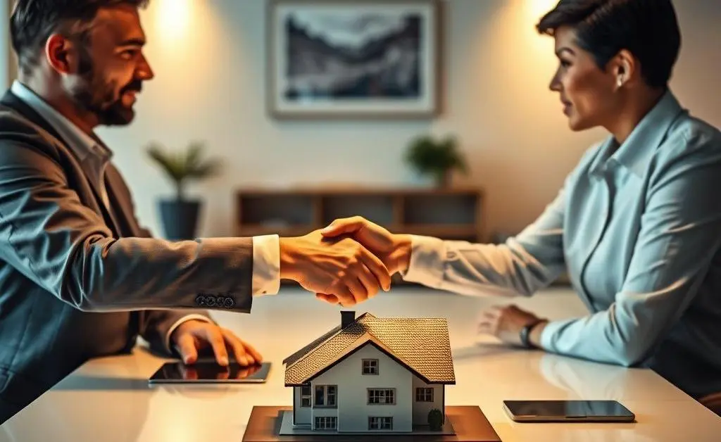 Two people shaking hands over a table with a house model on it, depicting negotiation.
