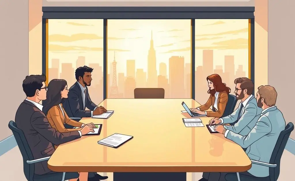A modern, clean illustration of people at a negotiation table discussing hotel sale terms.